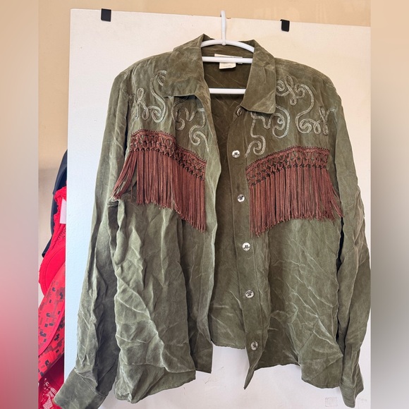 Cache Jackets & Blazers - Caché Vintage Olive Fringe Western Blouse Medium Boho Embroidered USA